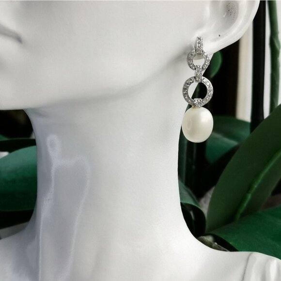 White Sapphire South Sea Pearl drop earrings in 14k white gold 🆕 - Picture 5 of 8